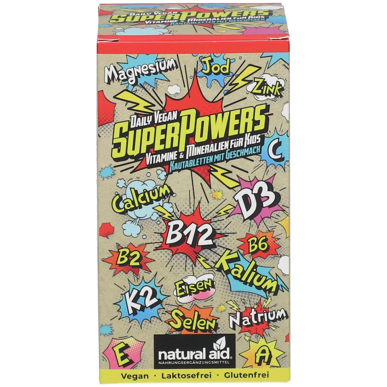 Produktkarton mit Produktnamen, Vitaminen und Mineralien. Vegan-Siegel. Laktosefrei, glutenfrei.