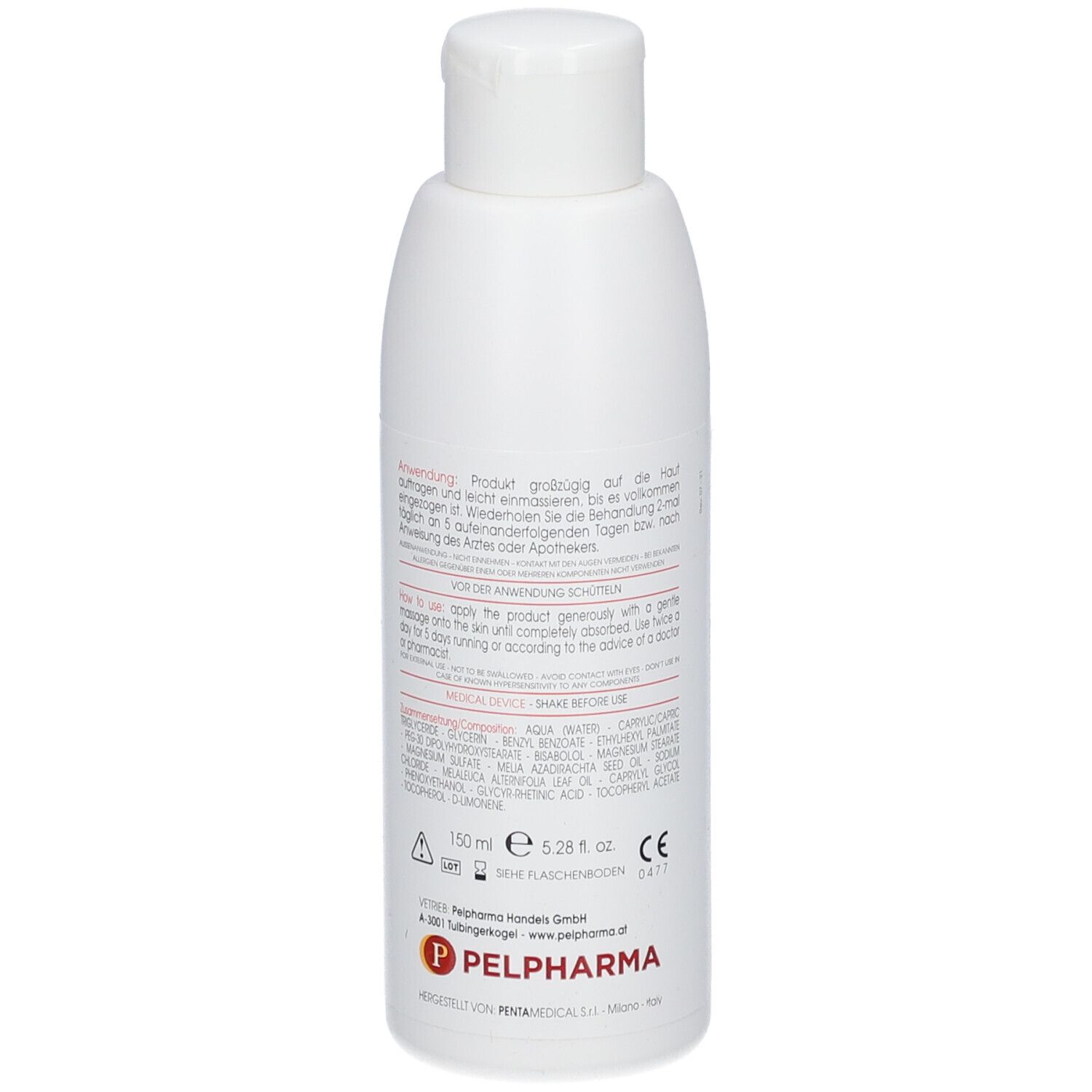 Weiße Flasche mit roter und schwarzer Beschriftung. Produktname: SKAB PLUS. Flüssige Emulsion. Medizinprodukt.