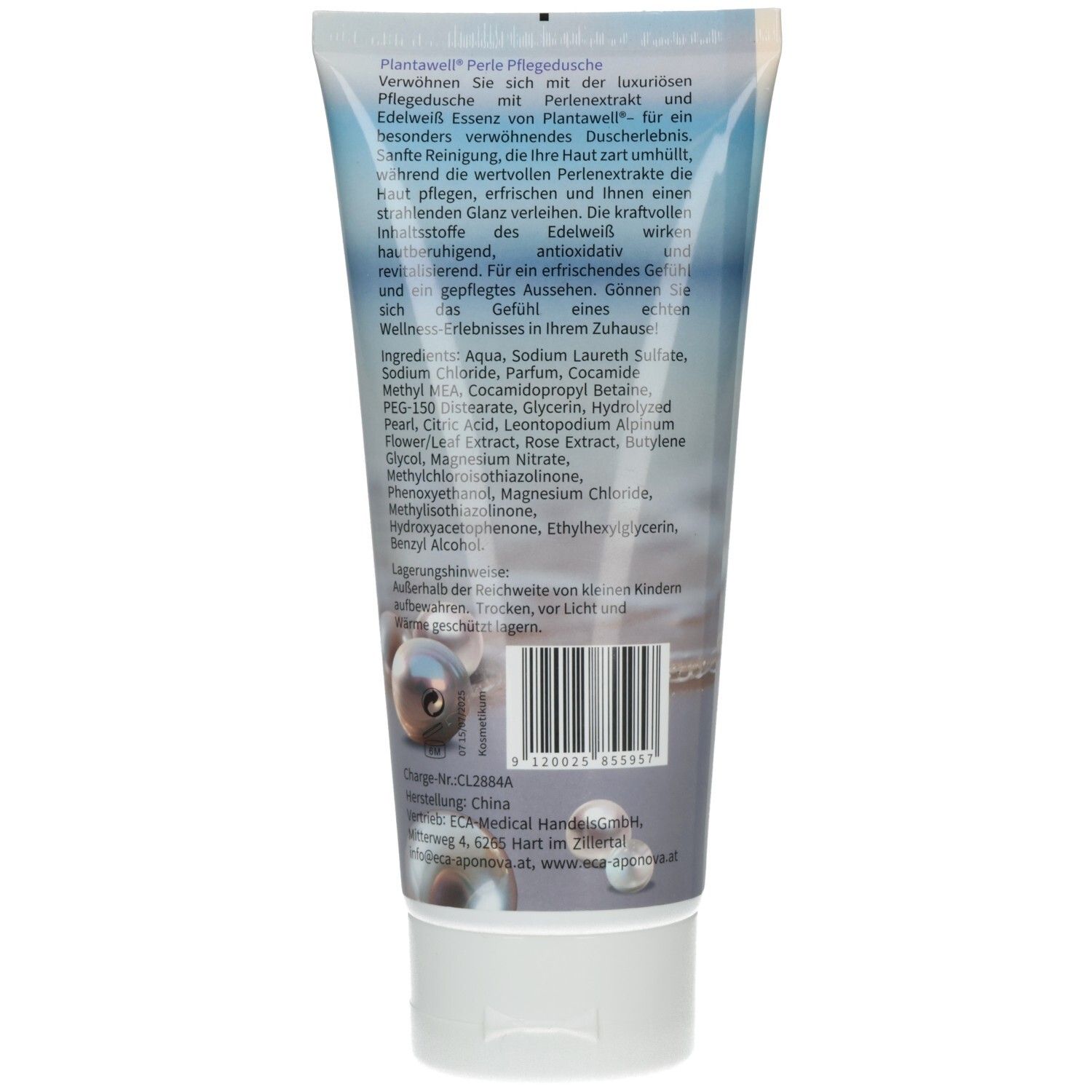 Rückseite der Tube Plantawell Pflegedusche Perle. Text, Inhaltsstoffe, Barcode und Herstellerinformationen.