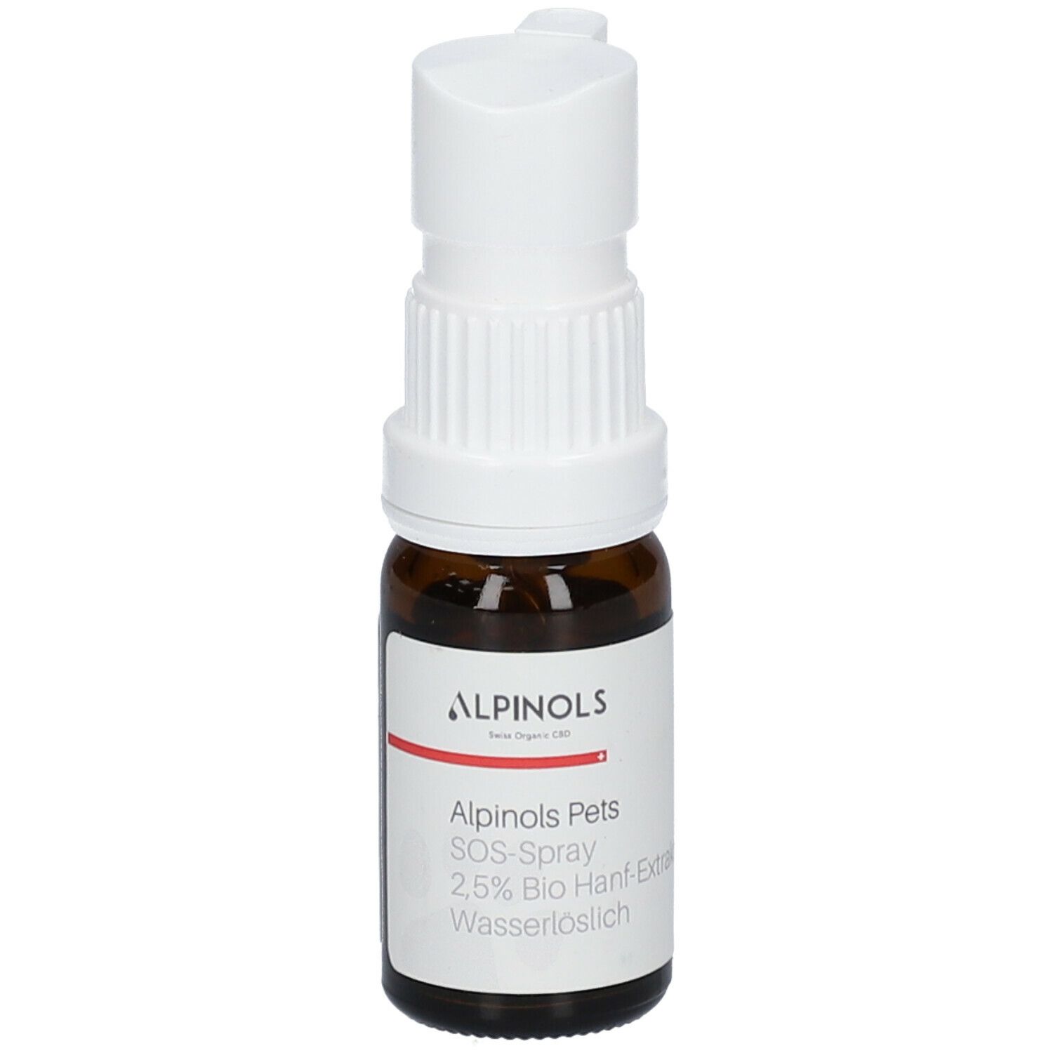 Braune Glasflasche mit weißem Sprühkopf. Beschriftung: ALPINOLS Pets SOS-Spray, 2.5% Bio Hanf-Extrakt.