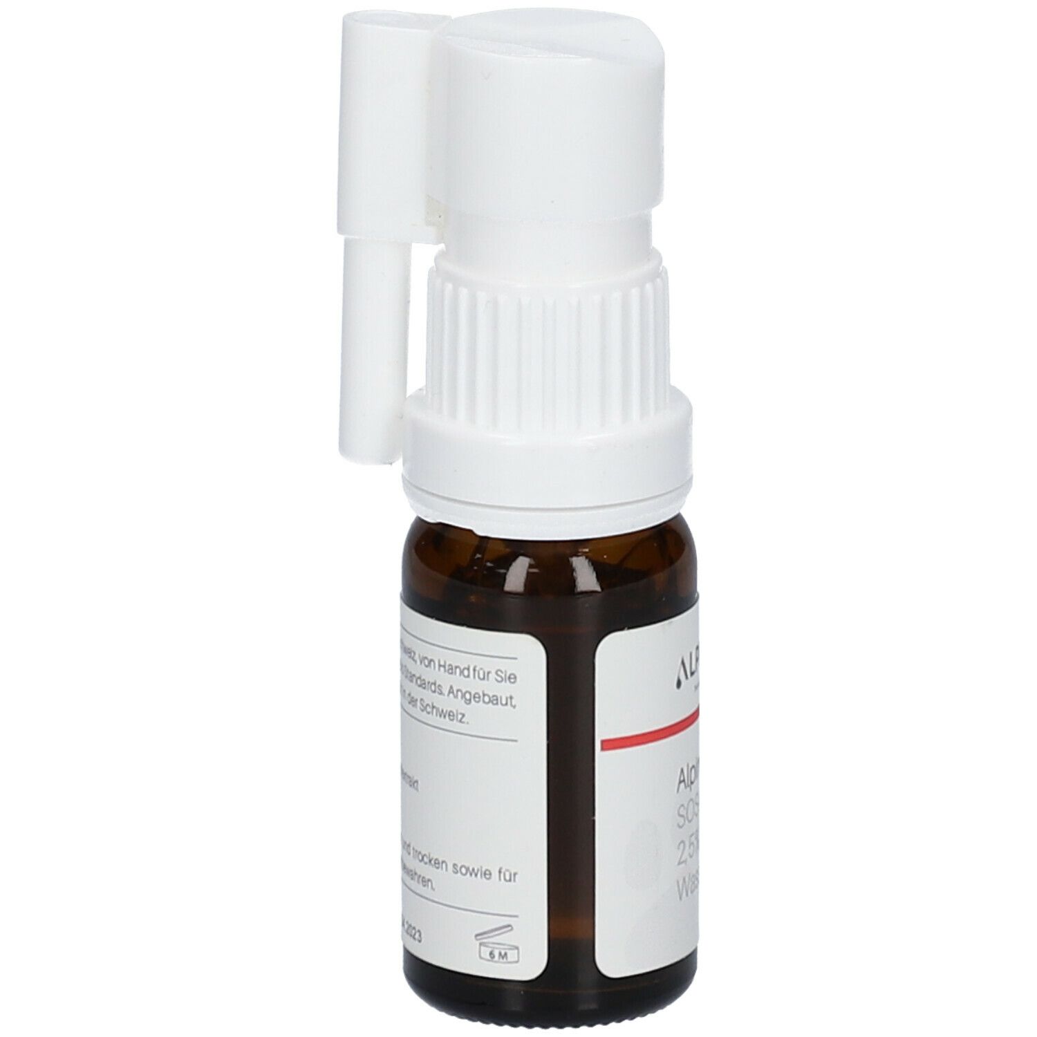 Braune Glasflasche mit weißem Sprühkopf. Aufschrift: ALPINOLS Pets SOS-Spray, 2.5% Bio Hanf-Extrakt. Sprühkopf seitlich.