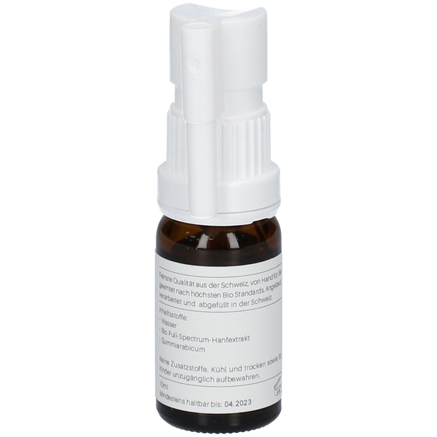 Braune Glasflasche mit weißem Sprühkopf. Rückseite mit Text. Aufschrift: ALPINOLS Pets SOS-Spray, 2.5% Bio Hanf-Extrakt.