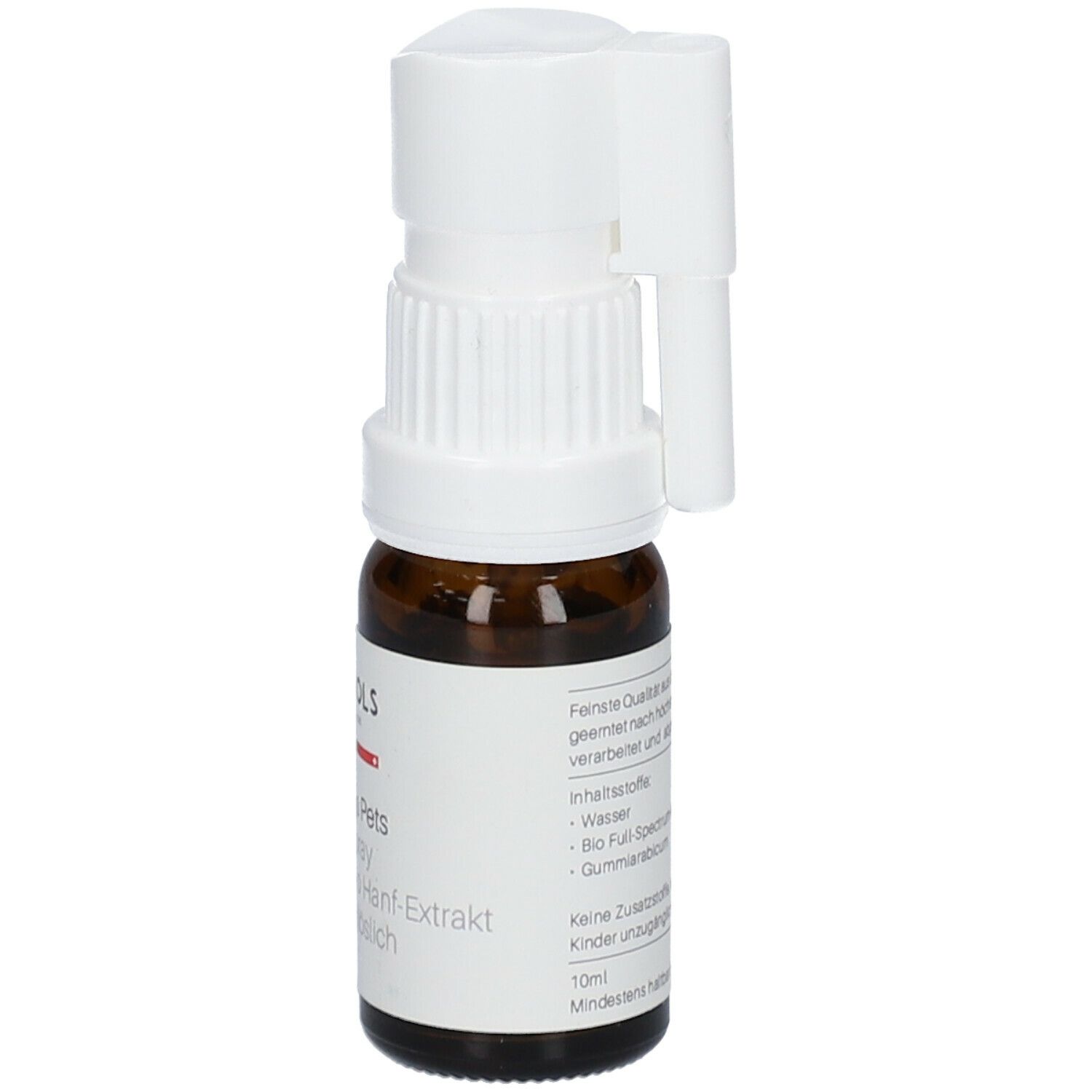 Braune Glasflasche mit weißem Sprühkopf. Aufschrift: ALPINOLS Pets SOS-Spray, 2.5% Bio Hanf-Extrakt. Sprühkopf seitlich.