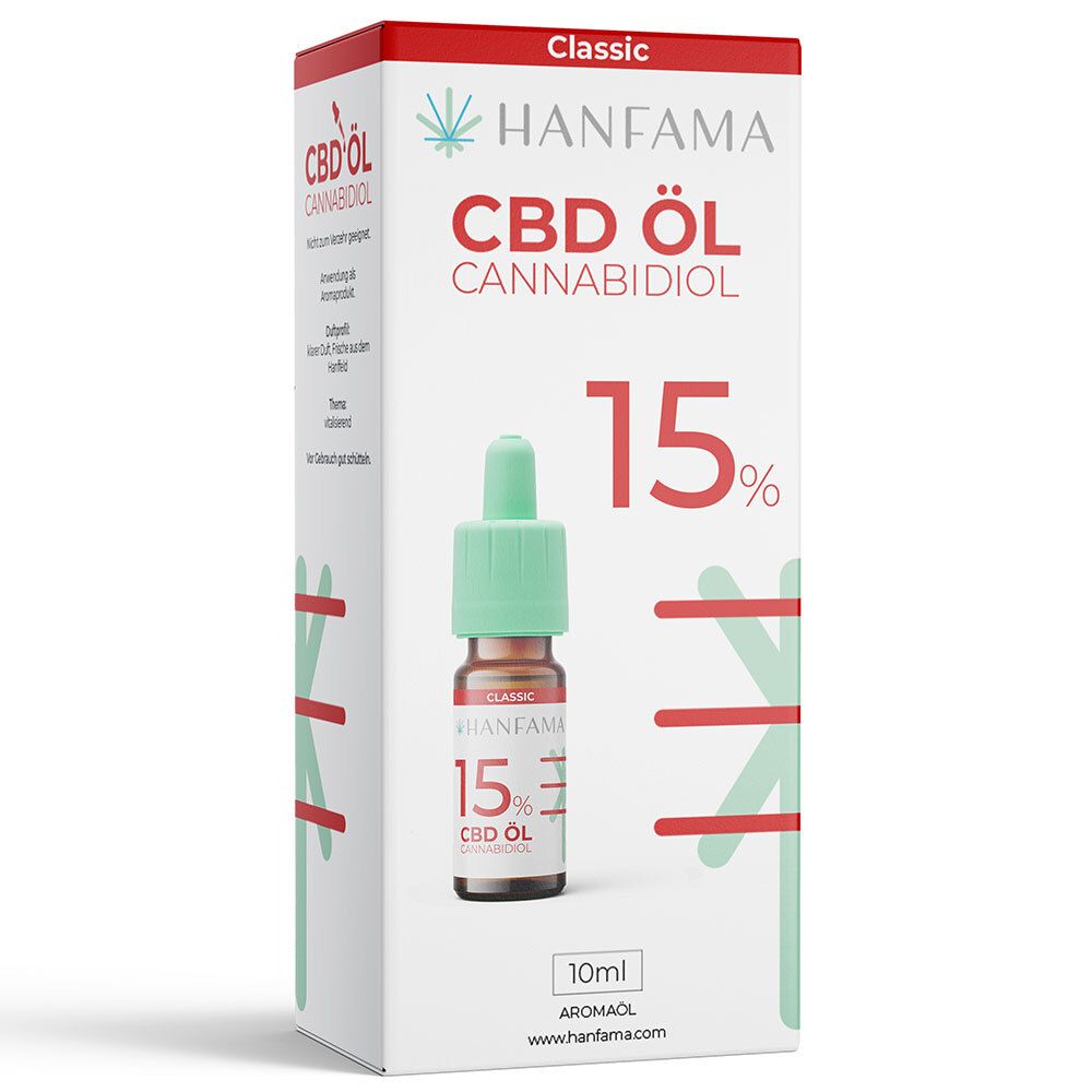 Hanfama CBD-Öl Cannabidiol 15 % Classic. Flasche mit grüner Pipette und Verpackung. Aufschrift: 15 % CBD Öl.