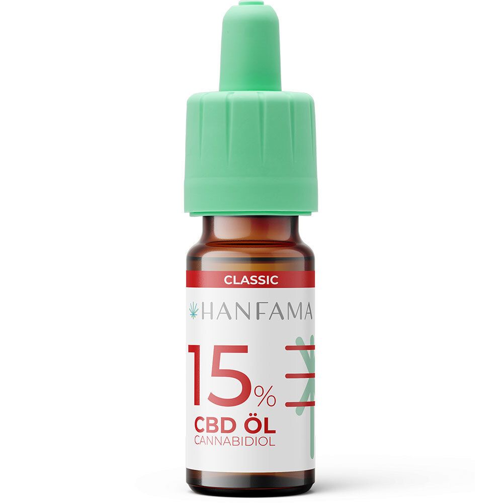 Hanfama CBD-Öl Cannabidiol 15 % Classic. Braune Glasflasche mit grüner Pipette. Aufschrift: 15 % CBD Öl.