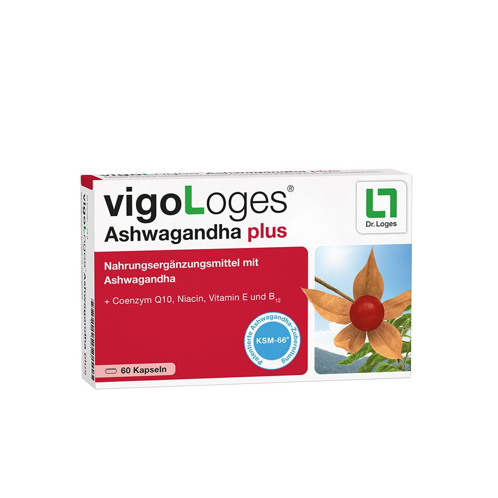 vigoLoges Ashwagandha plus. Weiße Schachtel mit rotem Feld. 60 Kapseln. KSM-66 Siegel. Abbildung einer Pflanze.