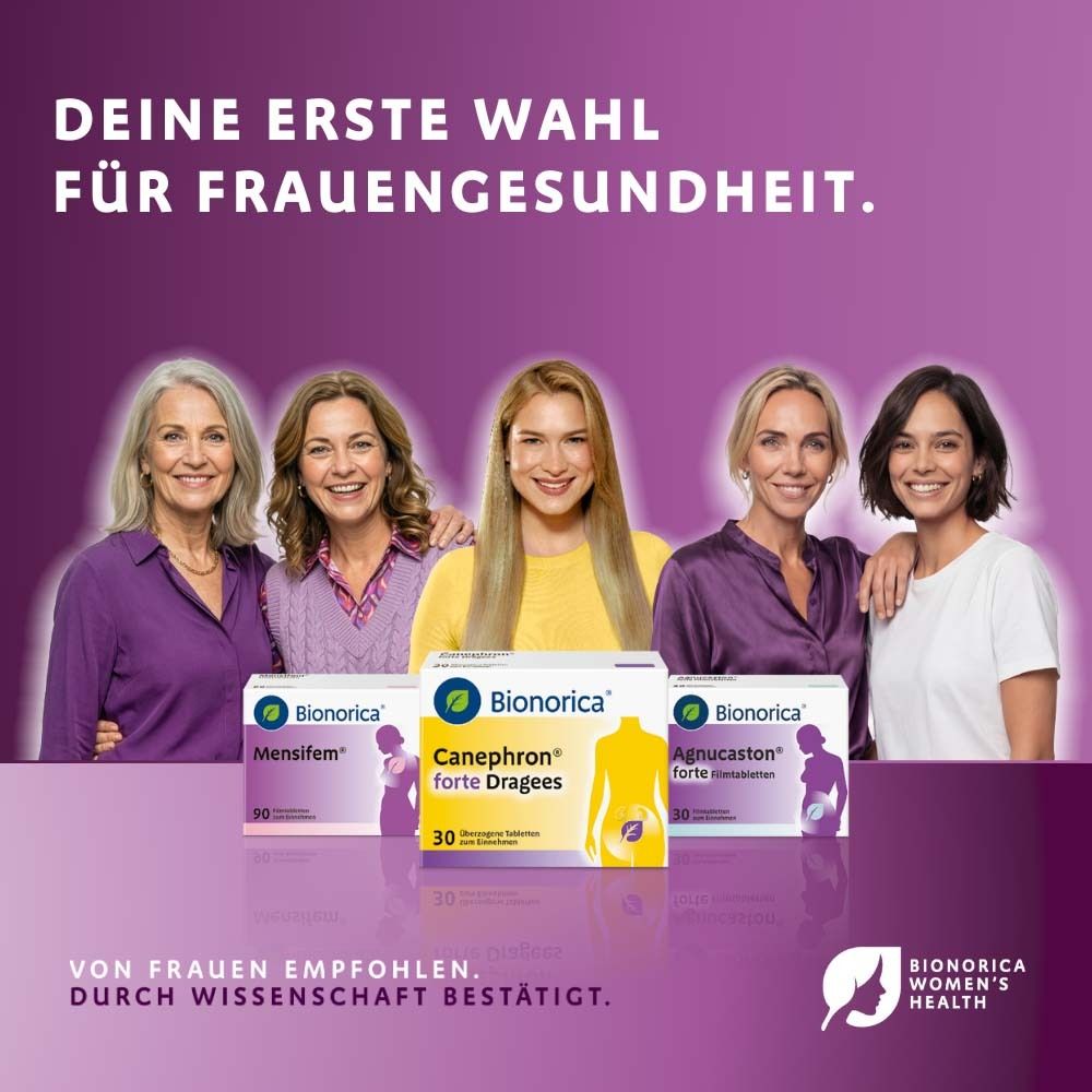 Fünf Frauen. Packungen von Bionorica: Mensifem, Canephron® forte Dragees, Agnuscaston. Text: Deine erste Wahl.