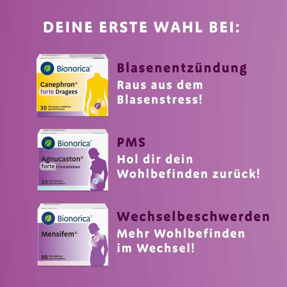 Drei Bionorica-Packungen: Canephron® forte Dragees, Agnuscaston, Mensifem. Text: Deine erste Wahl bei...