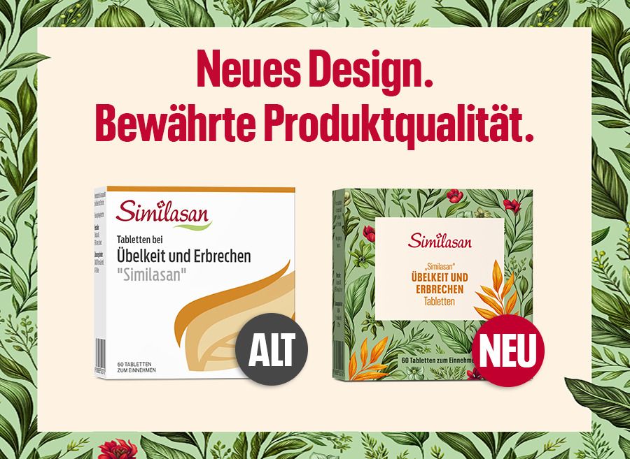 Vergleich: Alte und neue Verpackung von Similasan Tabletten bei Übelkeit und Erbrechen.