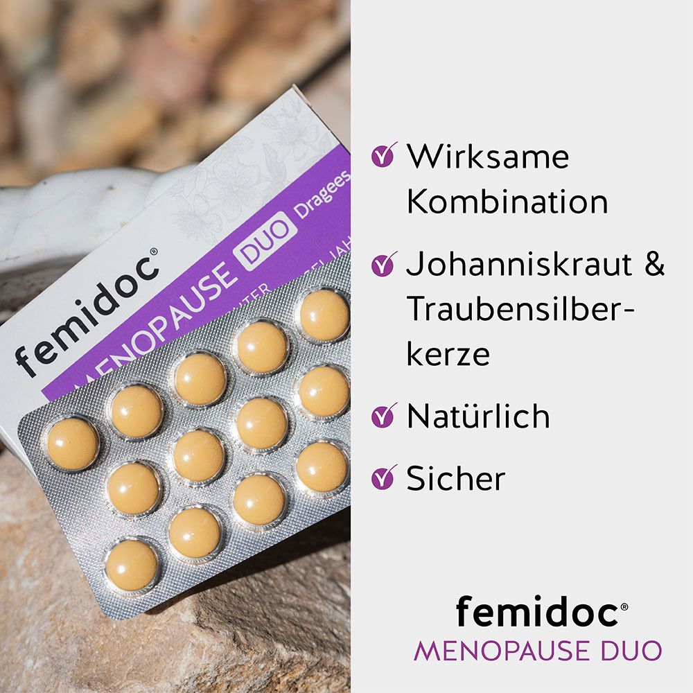 Blisterpackung mit Tabletten und Packung femidoc® MENOPAUSE DUO. Text: Wirkstoffe, natürlich, sicher.