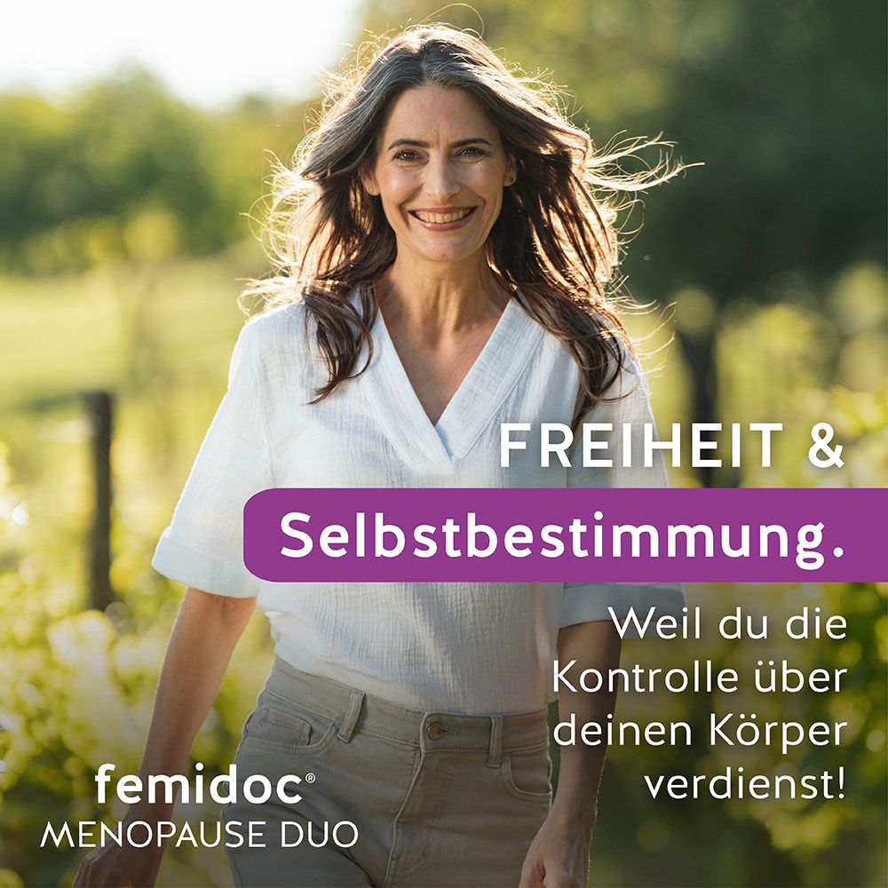 Frau im Freien. Text: Freiheit & Selbstbestimmung. femidoc® MENOPAUSE DUO.