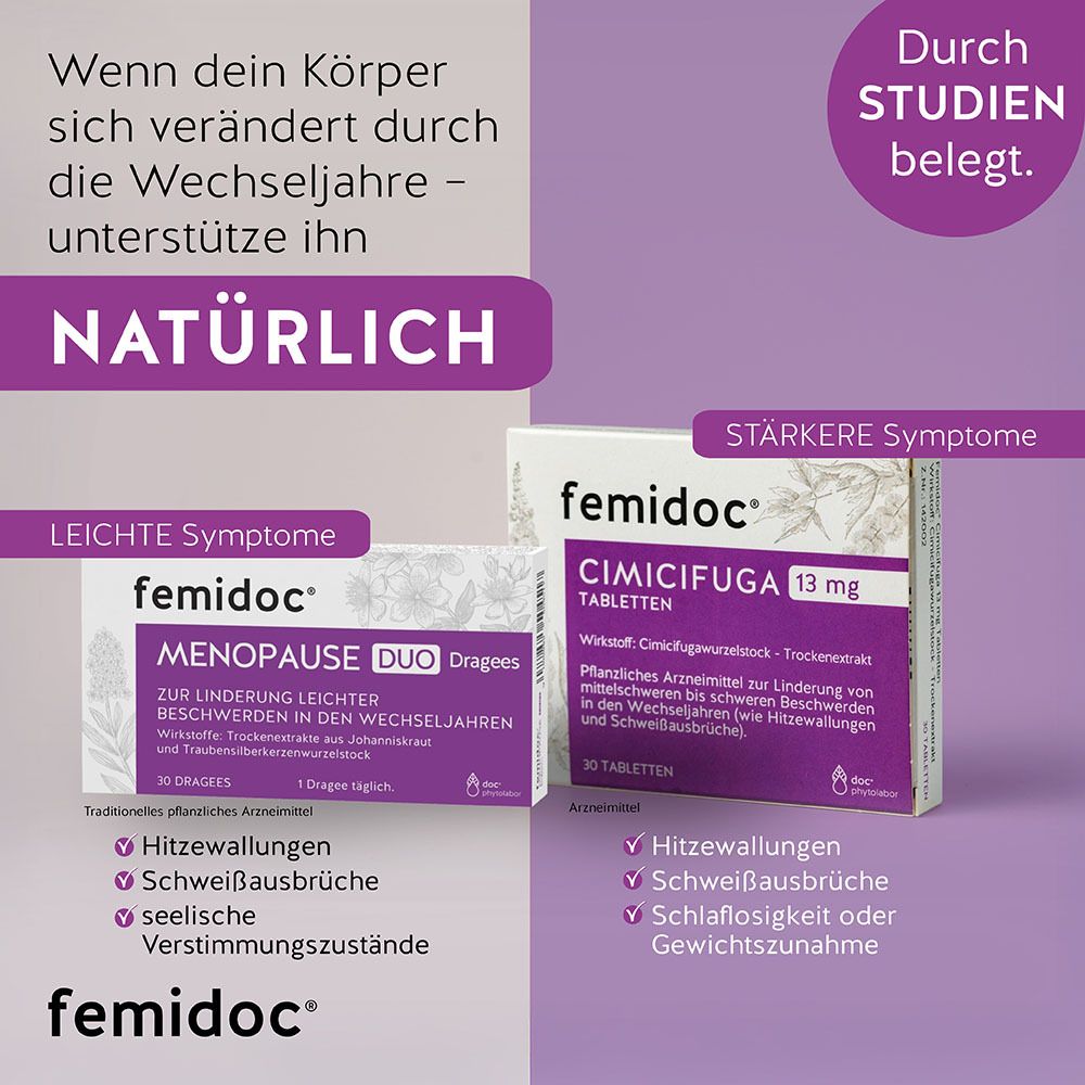 Vergleich von femidoc® MENOPAUSE DUO und CIMICIFUGA. Text: Natürliche Unterstützung bei Wechseljahresbeschwerden.