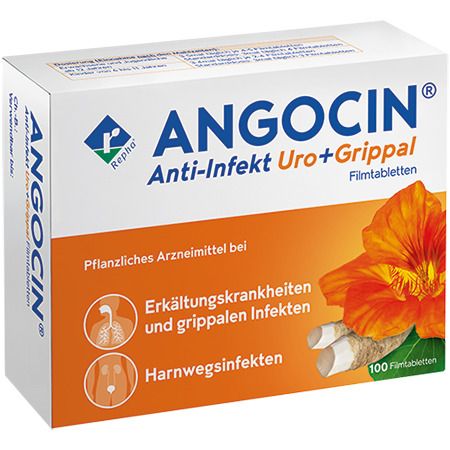 ANGOCIN® Anti-Infekt Uro+Grippal Filmtabletten-Packung. Orange-weißes Design mit Produktnamen und Illustrationen. 100 Tabletten.