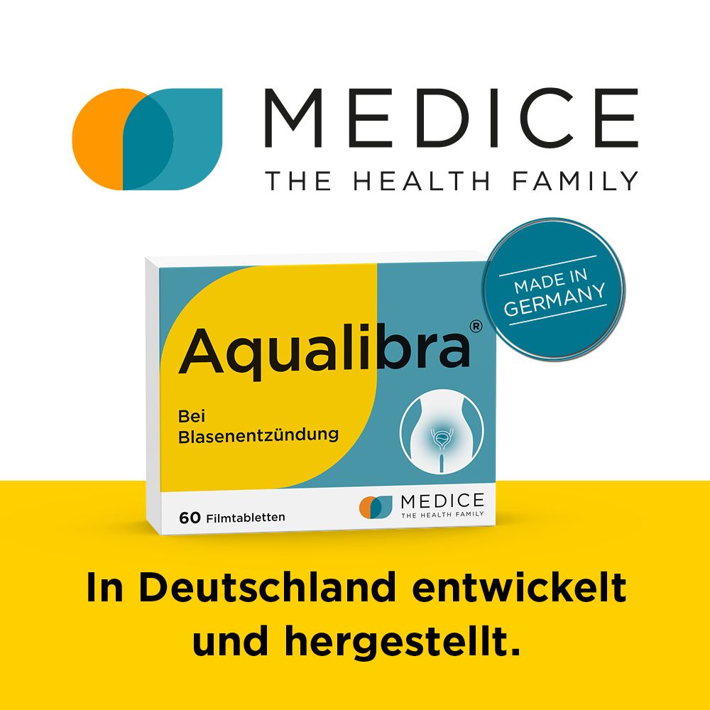Aqualibra®-Packung. Weiße Schachtel mit gelbem und blauem Design. Text: Aqualibra®, 60 Filmtabletten. Logo: MEDICE. Made in Germany.
