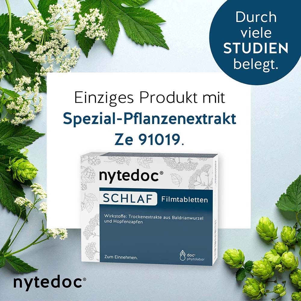 Produktabbildung mit nytedoc® Schlaf Filmtabletten. Text: Einziges Produkt mit Spezial-Pflanzenextrakt Ze 91019.