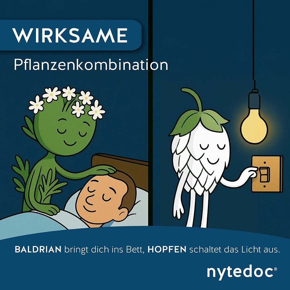 Cartoon-Illustration: Schlaf-Figur hilft beim Einschlafen, Hopfen-Figur schaltet Licht aus. Text: Baldrian bringt ins Bett, Hopfen schaltet Licht aus.