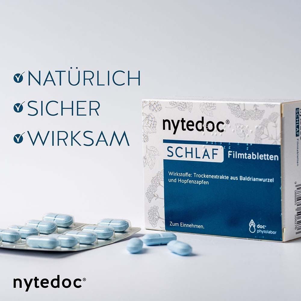 Packung nytedoc® Schlaf Filmtabletten und Blister mit Tabletten. Text: Natürlich, sicher, wirksam.
