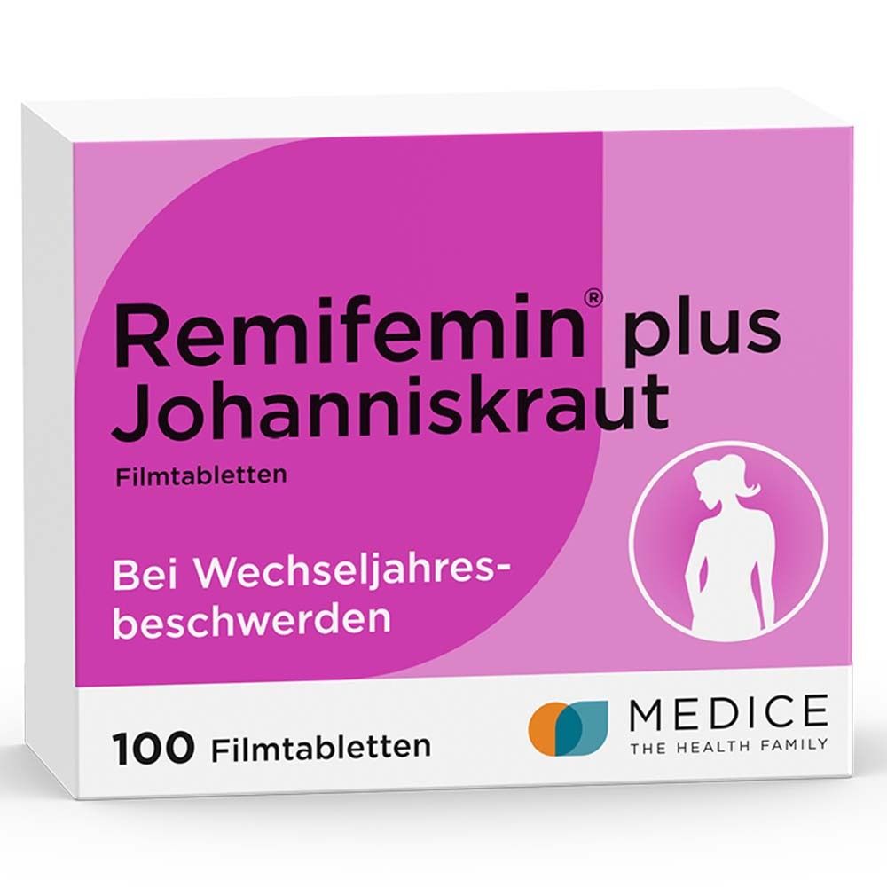 Schachtel mit Remifemin® plus Johanniskraut Filmtabletten. 100 Tabletten. Rosa-weißes Design mit Logo und Frauensilhouette.