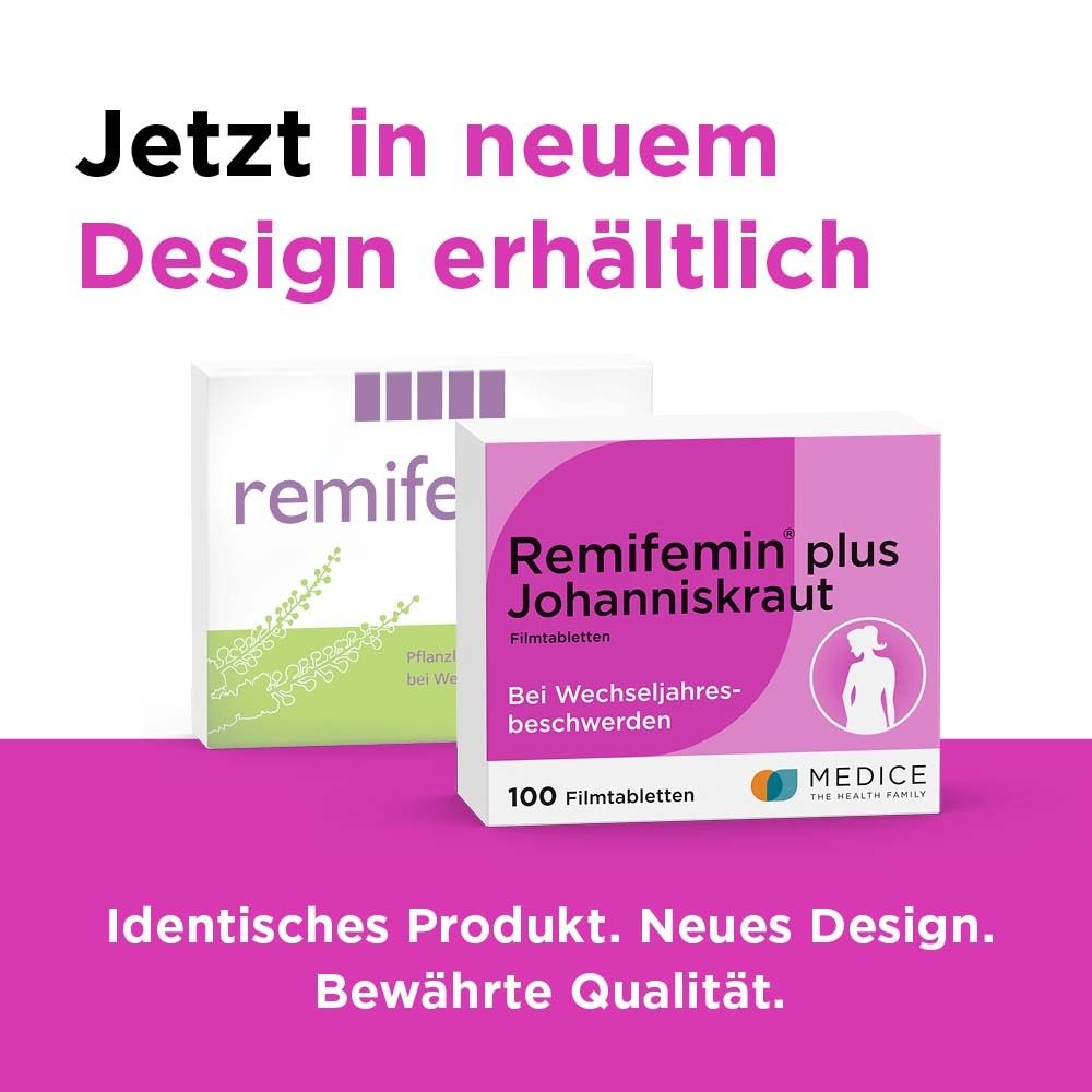 Werbung: Zwei Packungen Remifemin® plus Johanniskraut. Neues Design. Identisches Produkt. Rosa Hintergrund mit Text.