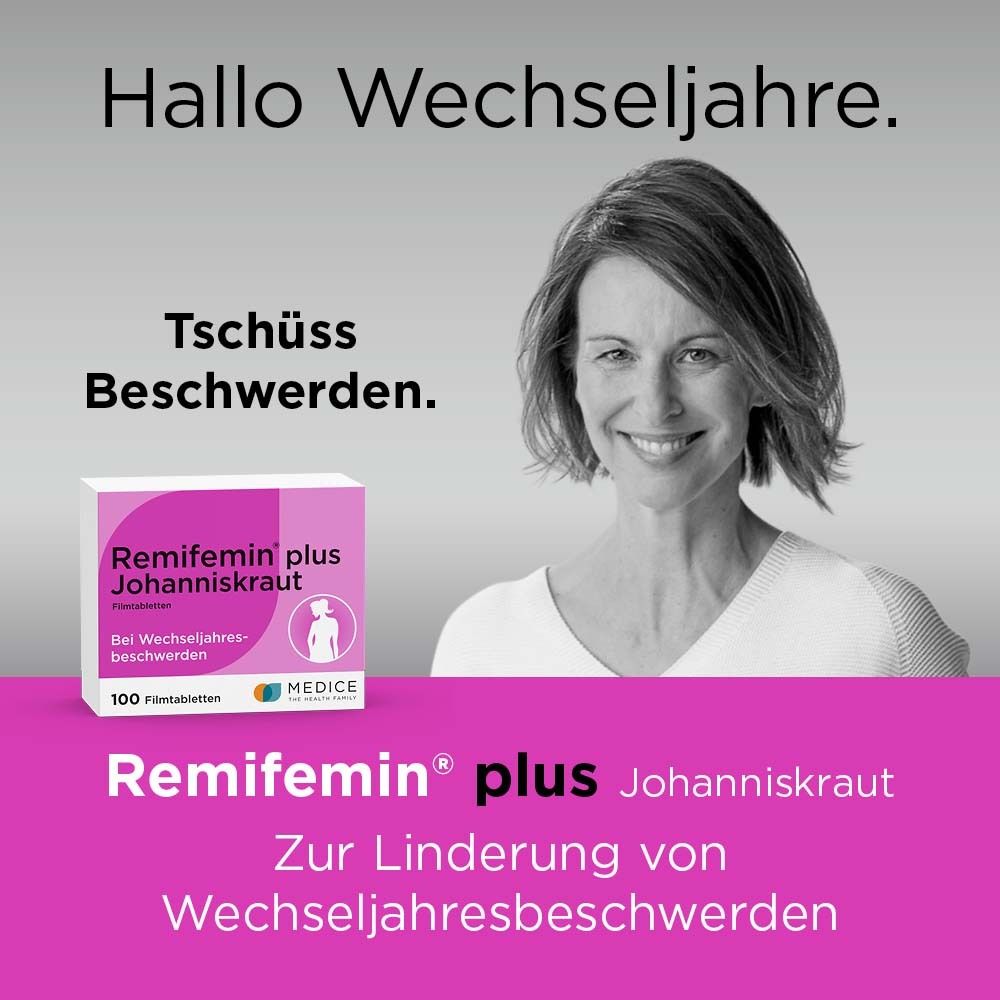 Werbung: Frau lächelt. Packung Remifemin® plus Johanniskraut. Text: Zur Linderung von Wechseljahresbeschwerden. Rosa Hintergrund.