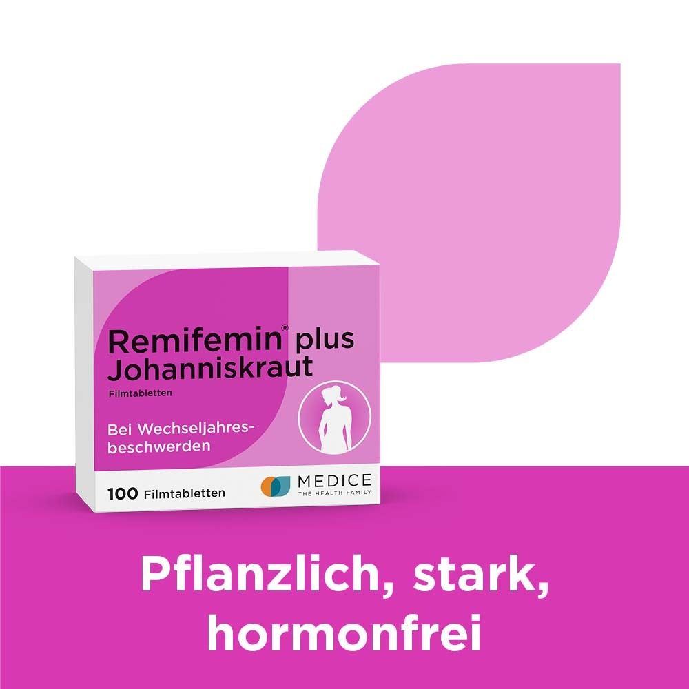 Packung Remifemin® plus Johanniskraut. Text: Pflanzlich, stark, hormonfrei. Rosa Hintergrund mit Blatt-Design.