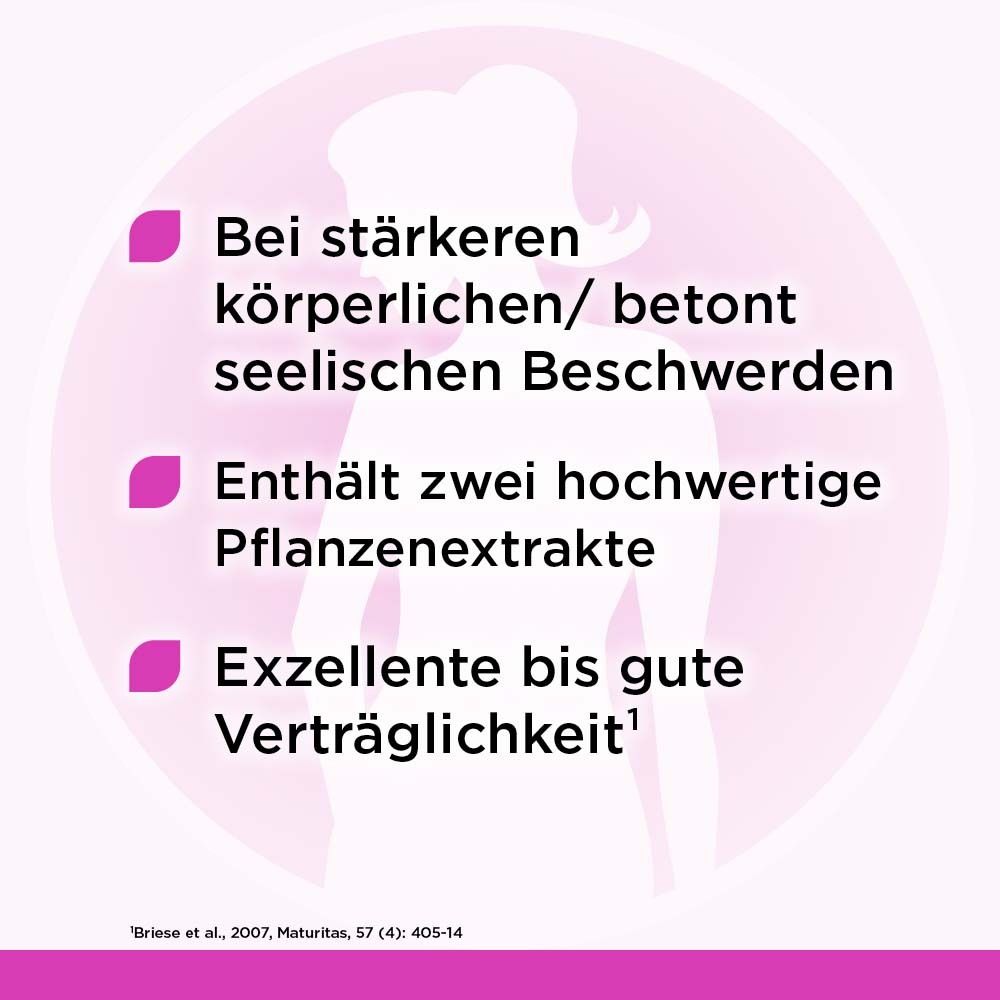 Text: Bei stärkeren Beschwerden, enthält Pflanzenextrakte, gute Verträglichkeit. Rosa Hintergrund mit Frauensilhouette.