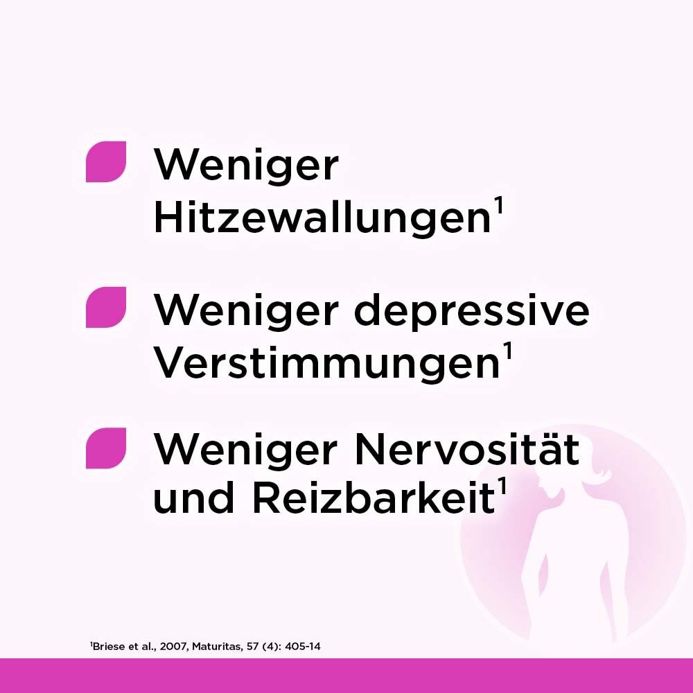 Text: Weniger Hitzewallungen, depressive Verstimmungen, Nervosität. Rosa Hintergrund mit Frauensilhouette.