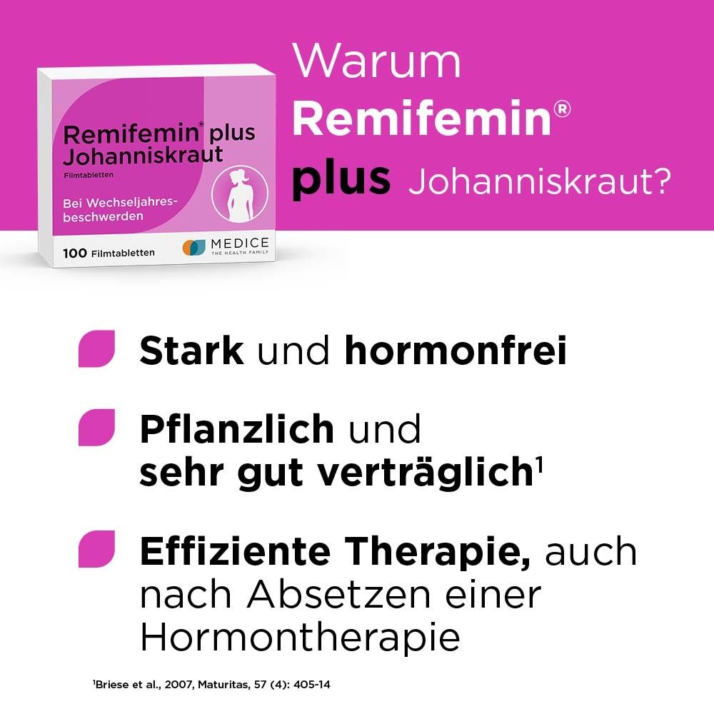 Packung Remifemin® plus Johanniskraut. Text: Stark und hormonfrei, pflanzlich, effiziente Therapie. Rosa Hintergrund.