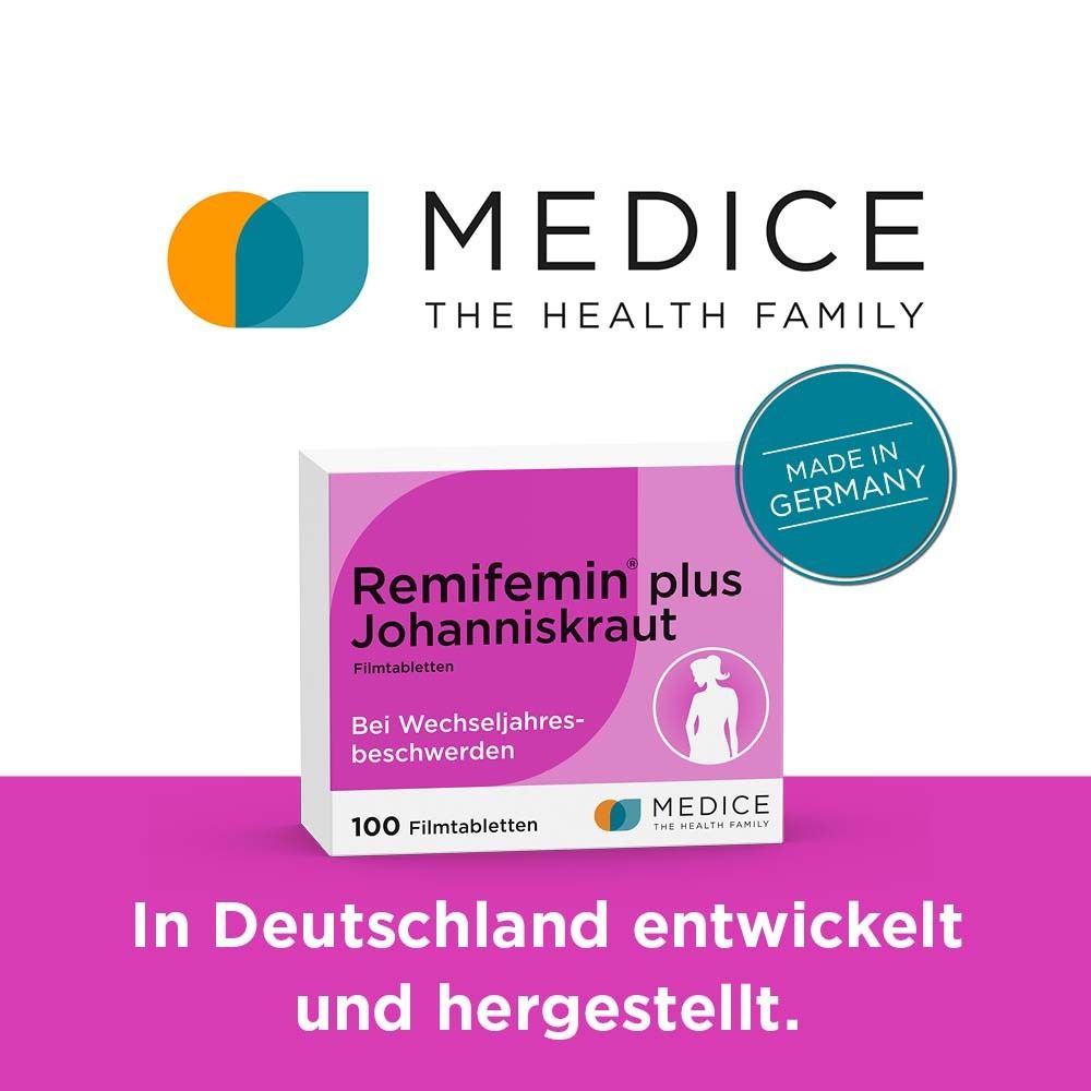 Packung Remifemin® plus Johanniskraut. Logo MEDICE. Text: In Deutschland entwickelt und hergestellt. Rosa Hintergrund.