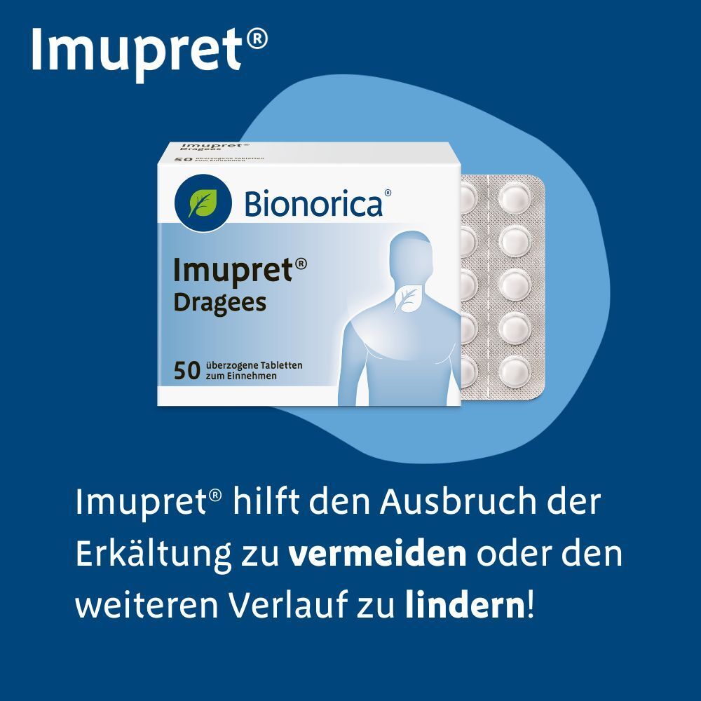 Schachtel und Blisterpackung Imupret® Dragees. Text: Imupret® hilft den Ausbruch der Erkältung zu vermeiden.