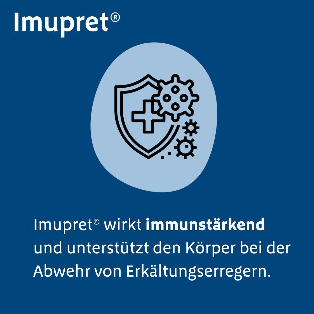 Blauer Hintergrund. Schild mit Kreuz und Viren. Text: Imupret® wirkt immunstärkend.