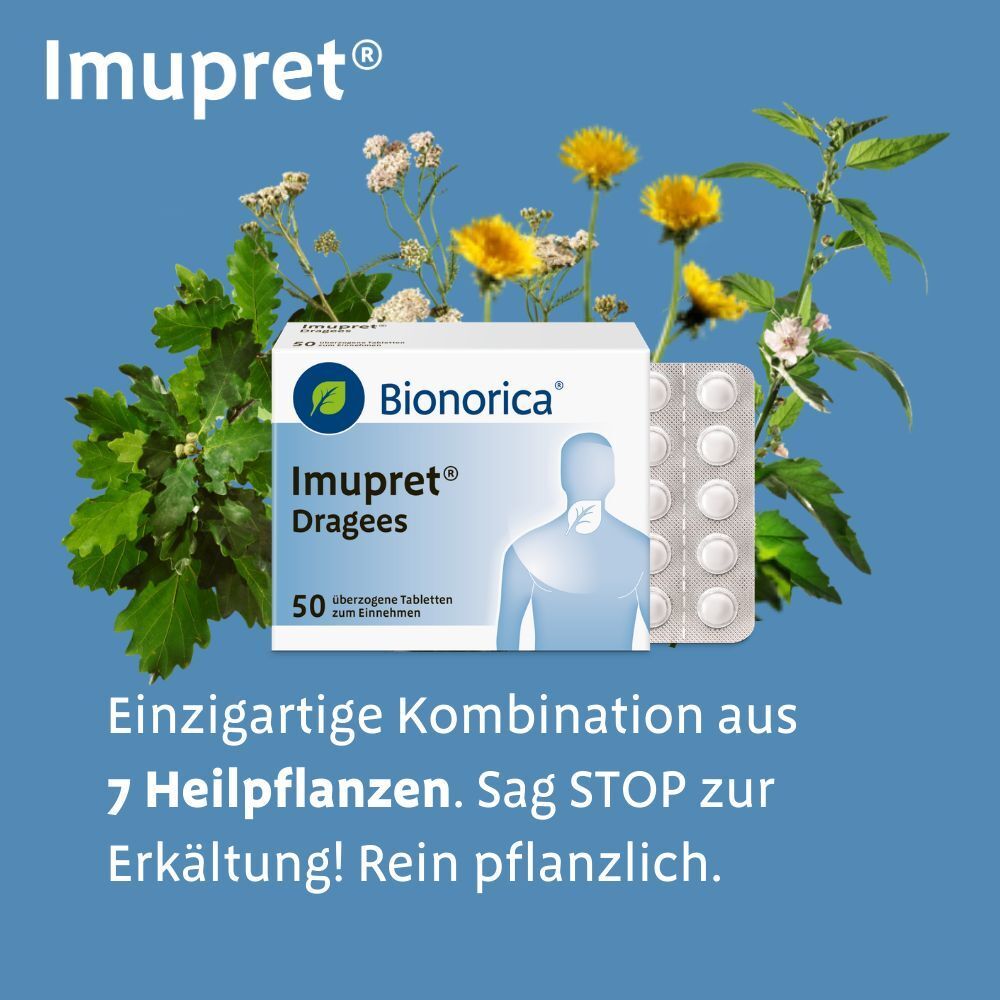 Schachtel und Blisterpackung Imupret® Dragees. Kräuter. Text: Einzigartige Kombination aus 7 Heilpflanzen.
