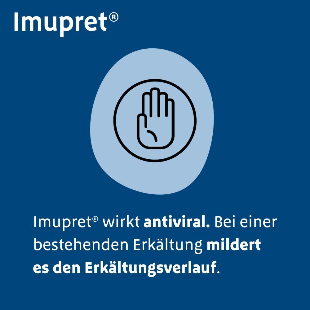 Blauer Hintergrund. Hand-Symbol. Text: Imupret® wirkt antiviral. Mildert den Erkältungsverlauf.