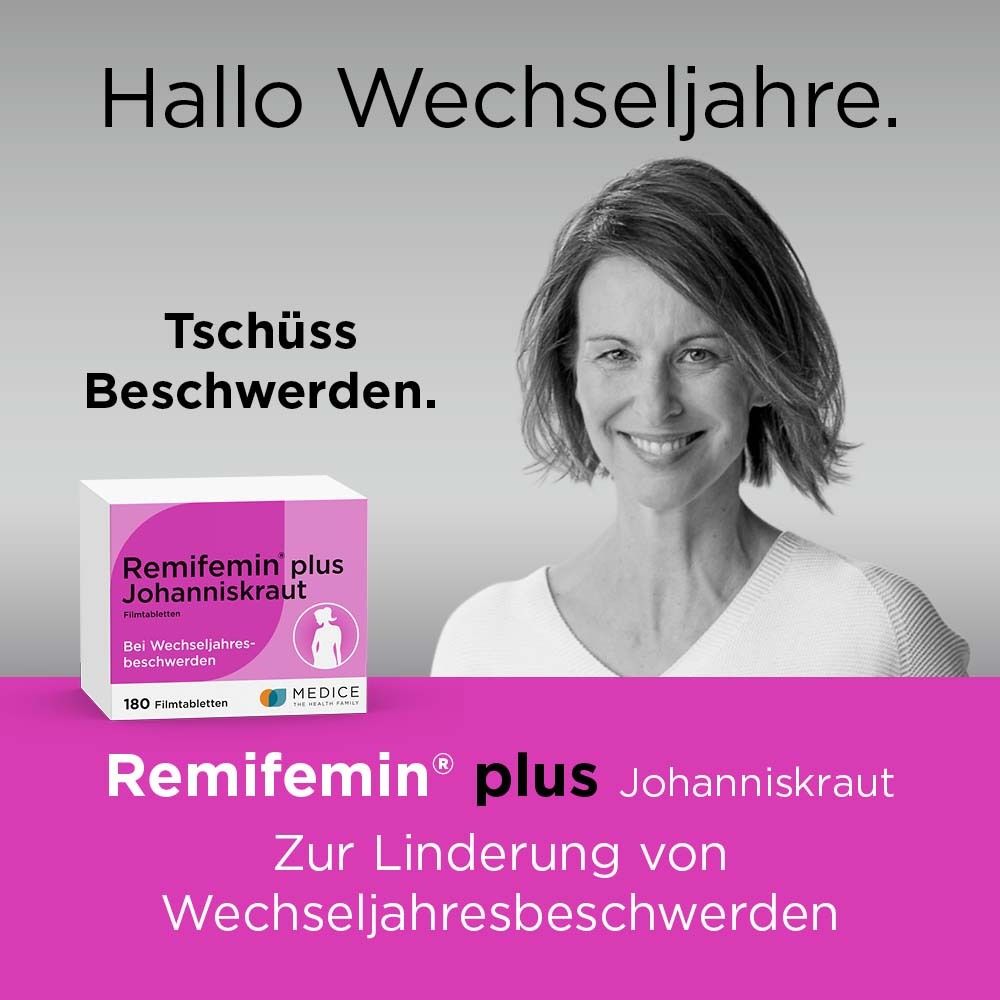Frau lächelt. Produktverpackung. Rosa-weiß. Text: Hallo Wechseljahre. Tschüss Beschwerden. Zur Linderung von Wechseljahresbeschwerden.