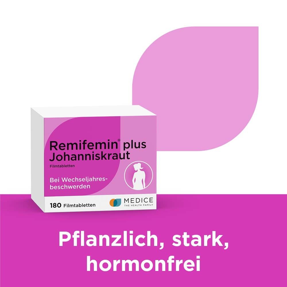 Produktverpackung. Rosa-weiß. Text: Pflanzlich, stark, hormonfrei. 180 Filmtabletten. Rosa Hintergrund mit Blatt-Design.