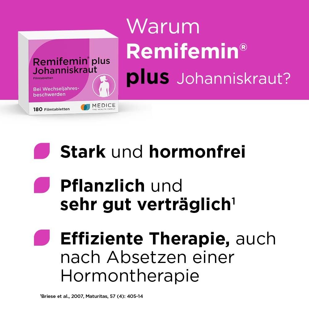 Produktverpackung. Rosa-weiß. Text: Warum Remifemin plus Johanniskraut? Stark und hormonfrei. Pflanzlich und sehr gut verträglich.