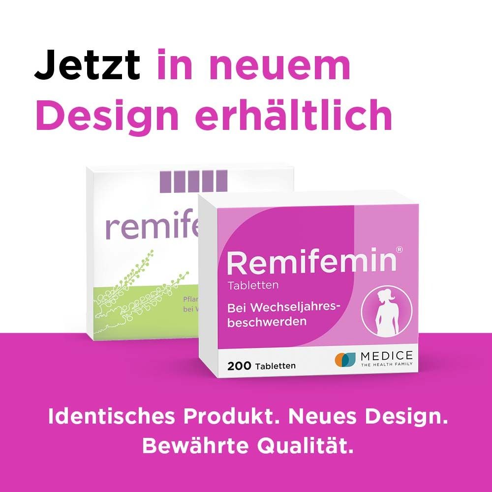 Zwei Remifemin Tabletten Packungen. Neues Design. Rosa und weiß. Schriftzug und Logo. 200 Tabletten.