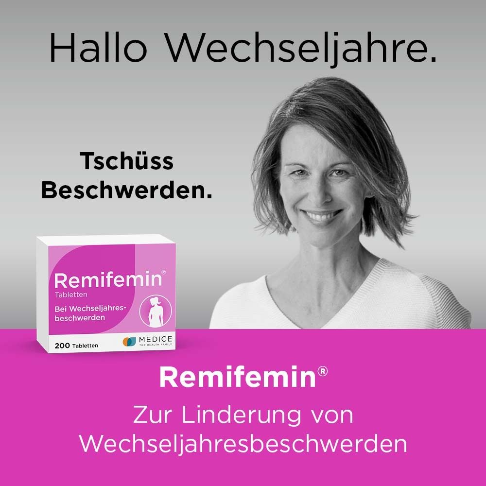 Frau lächelt. Remifemin Tabletten Packung. Rosa und weiß. Schriftzug und Logo. 200 Tabletten. Text.