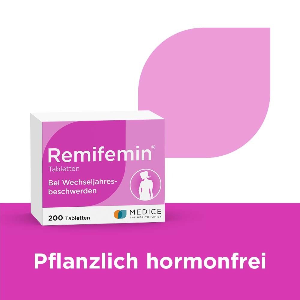 Remifemin Tabletten Packung. Rosa und weiß. Schriftzug und Logo. 200 Tabletten. Text: Pflanzlich hormonfrei.