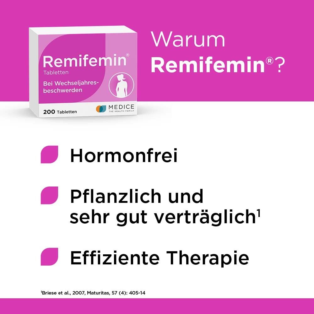 Remifemin Tabletten Packung. Rosa und weiß. Schriftzug und Logo. 200 Tabletten. Vorteile. Hormonfrei.