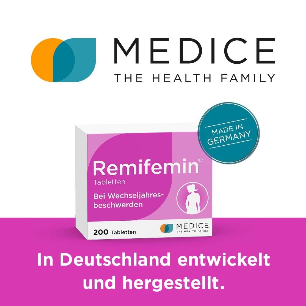 Remifemin Tabletten Packung. Rosa und weiß. Schriftzug und Logo. 200 Tabletten. Made in Germany.