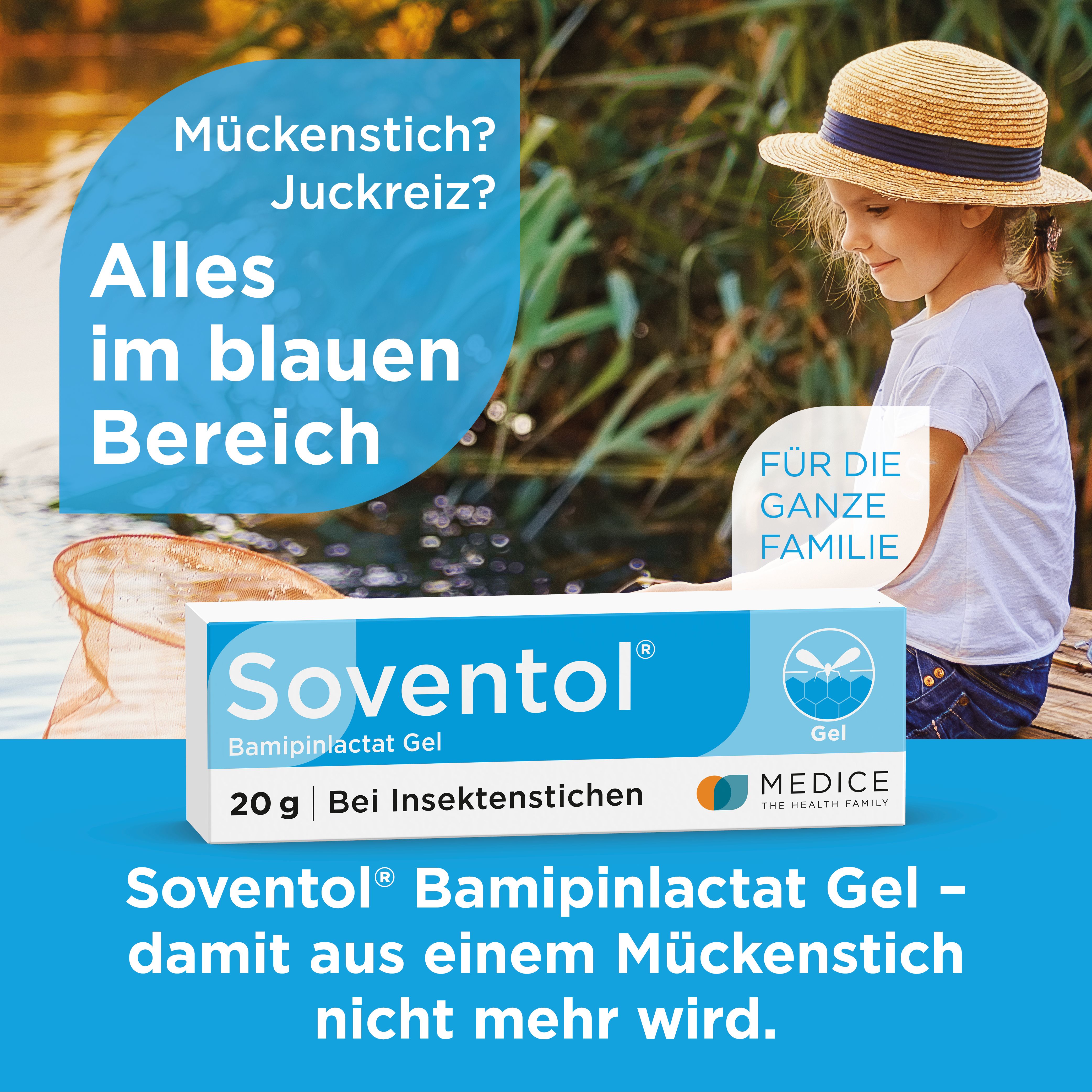 Kind mit Hut am Wasser. Text: Alles im blauen Bereich. Soventol® Bamipinlactat Gel.