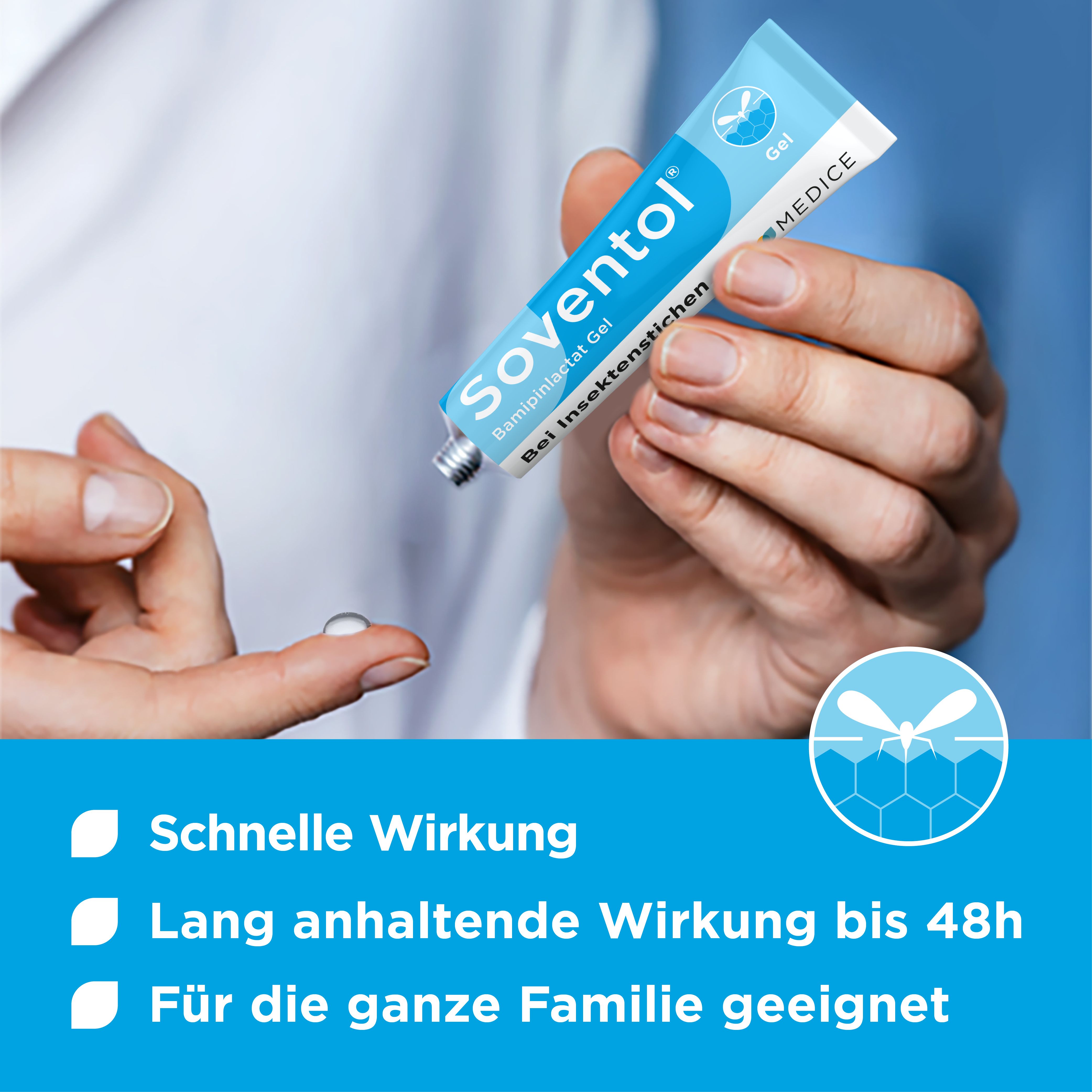 Hände halten Tube Soventol® Gel. Text: Schnelle Wirkung, lang anhaltend, für die ganze Familie.