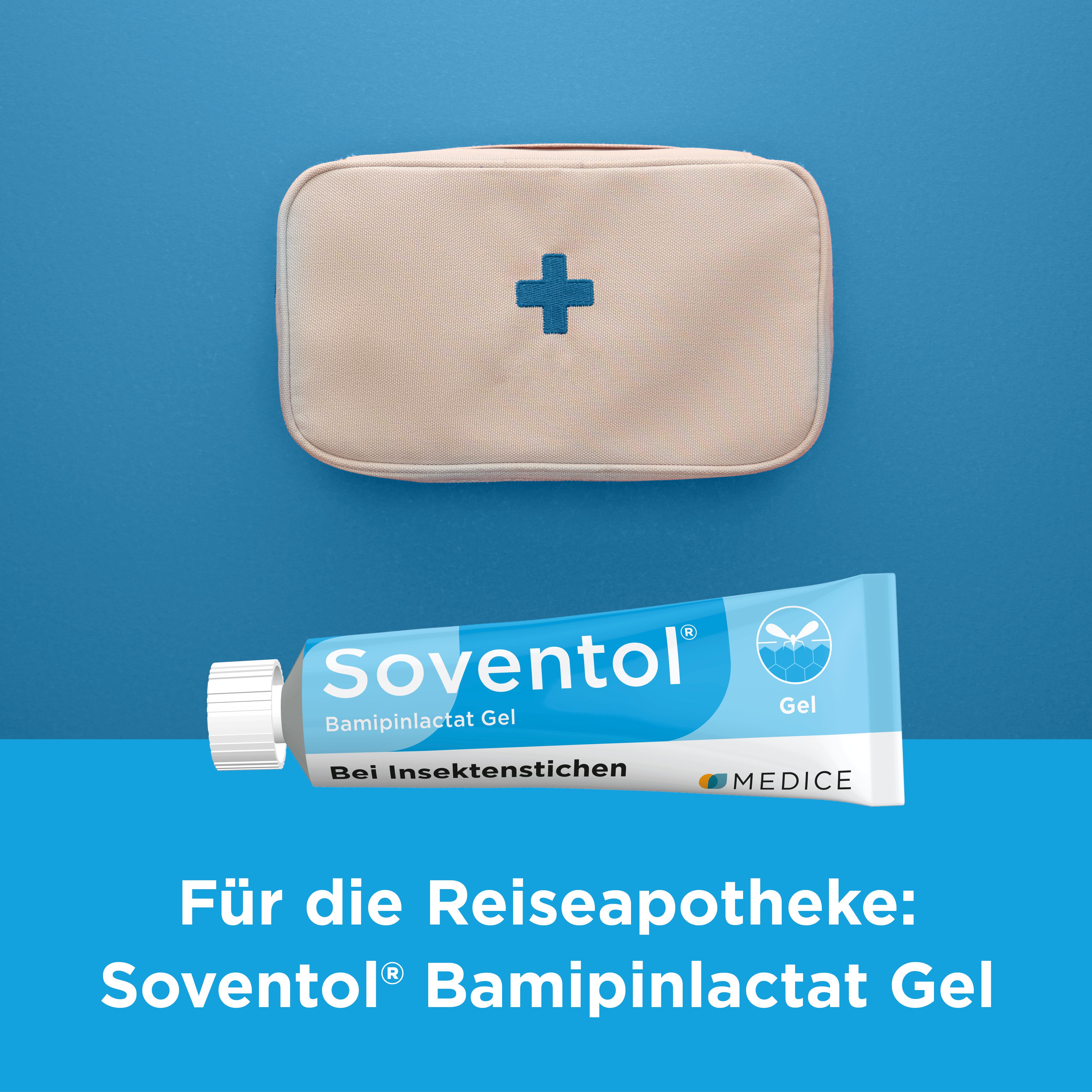 Erste-Hilfe-Tasche und Tube Soventol® Gel. Text: Für die Reiseapotheke: Soventol® Bamipinlactat Gel.