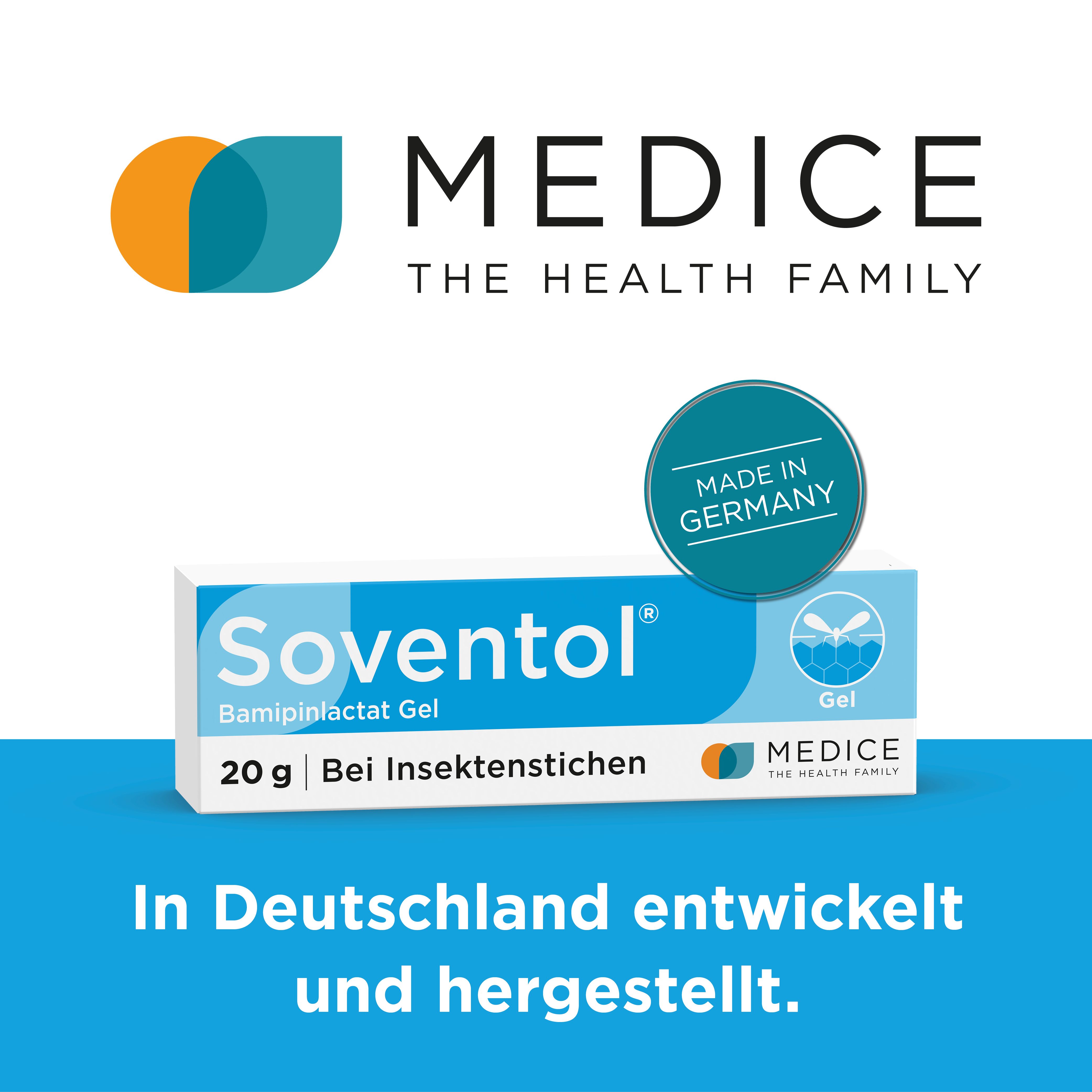Schachtel Soventol® Bamipinlactat Gel. Logo Medice. Text: In Deutschland entwickelt und hergestellt.