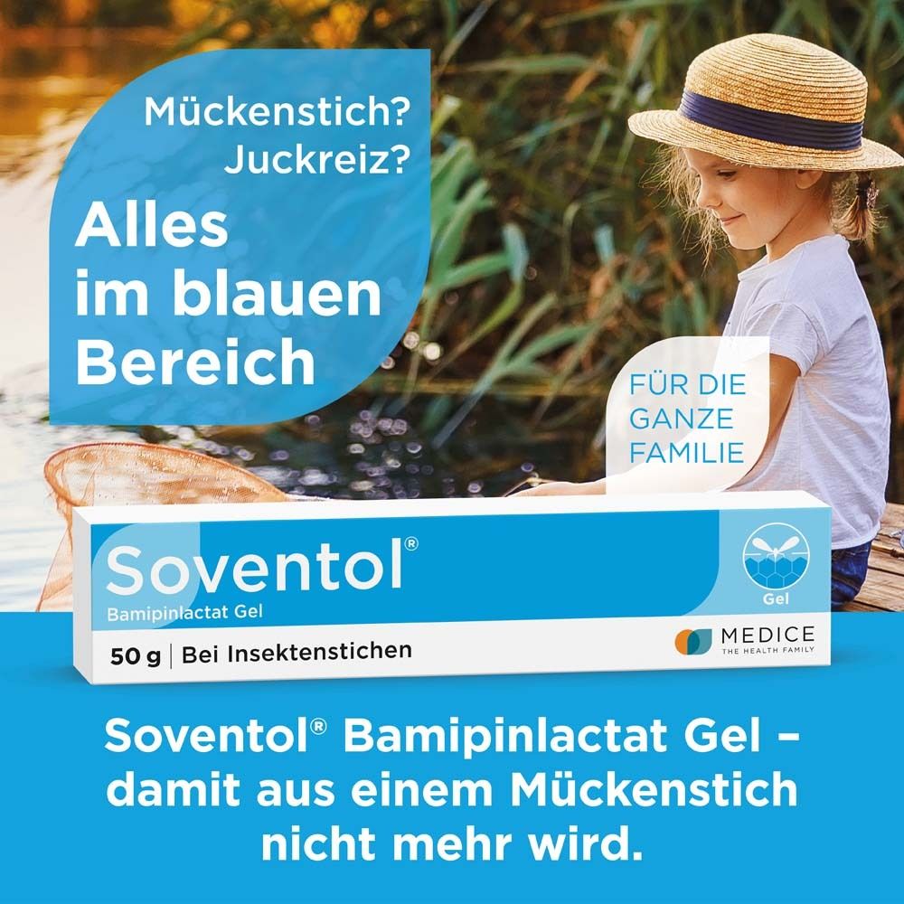 Kind mit Hut neben Soventol® Gel-Packung. Text: Bei Insektenstichen. Für die ganze Familie.