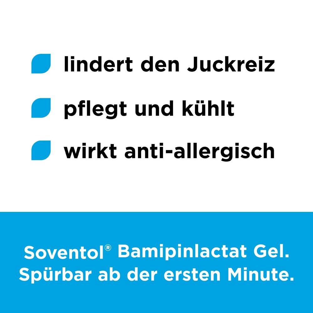 Text: Lindert Juckreiz, pflegt und kühlt, wirkt anti-allergisch. Soventol® Gel.