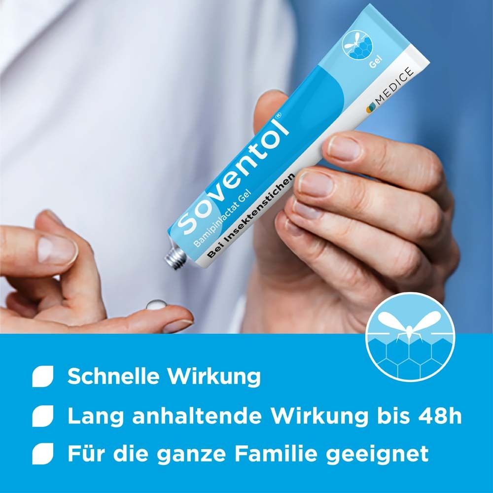 Person drückt Gel aus Tube. Text: Schnelle Wirkung, bis 48h, für die ganze Familie.
