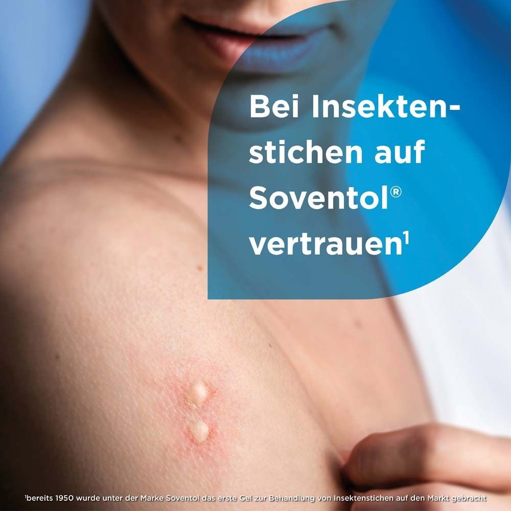 Haut mit Insektenstich. Text: Bei Insektenstichen auf Soventol® vertrauen.