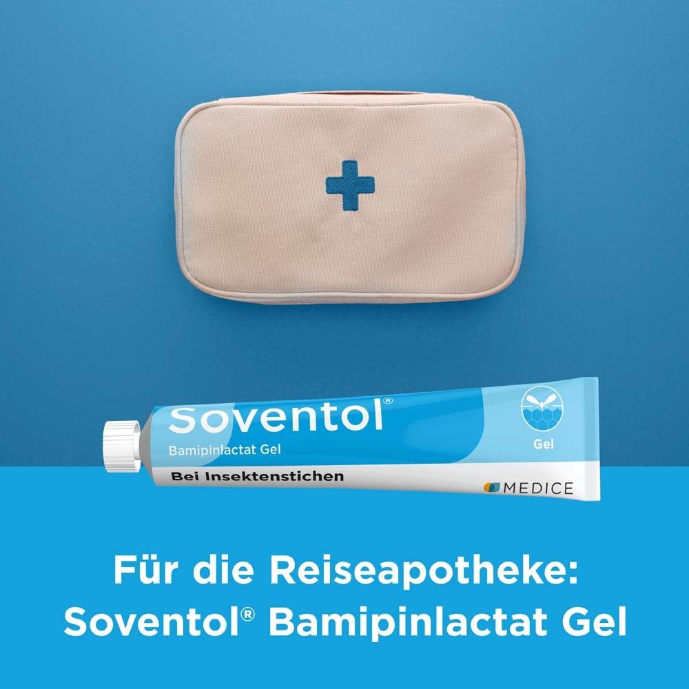 Tube und Packung Soventol® Gel neben Erste-Hilfe-Kasten. Text: Für die Reiseapotheke.